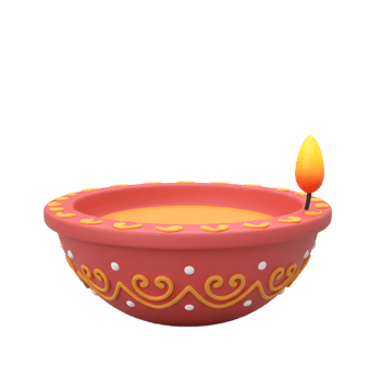 A charming, 3D-rendered diya glows warmly, its coral bowl adorned with swirling, yellow patterns. A cheerful, festive mood. png