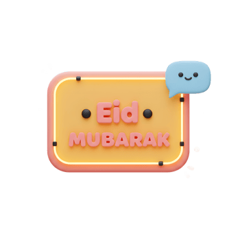 A cheerful 3D rendered Eid Mubarak sign, pastel-colored with a cute chat bubble, radiates festive joy Perfect for greeting cards png