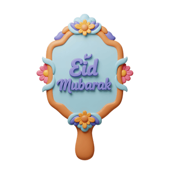 A charming pastel-colored hand mirror features a cheerful 'Eid Mubarak' message, adorned with vibrant 3D flowers. Sweet and festive png