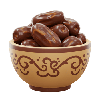 A rustic, patterned bowl overflows with glistening dates, their rich brown hue bathed in soft light. A simple yet elegant still life. png