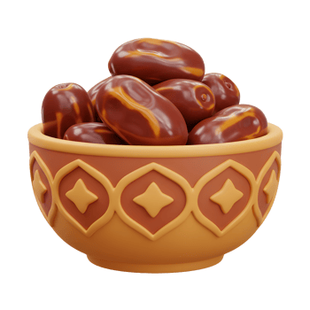 A charming bowl, adorned with geometric patterns, overflows with plump, glistening dates. Warm, inviting, and subtly sweet. png