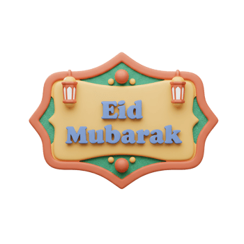 A cheerful Eid Mubarak sign, rendered in charming pastel colors. Intricate details and lanterns add to the festive mood. png