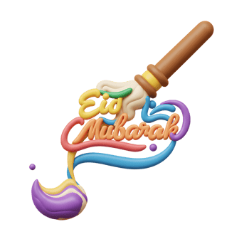 A playful brush paints 'Eid Mubarak' in vibrant 3D lettering, creating a joyful and festive mood. The colorful swirls add to the celebration png