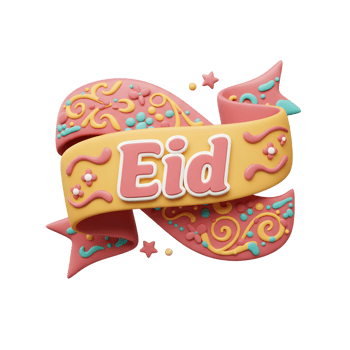 A cheerful Eid greeting A pastel ribbon swirls, adorned with charming details and the word 'Eid' in a friendly, 3D style. png