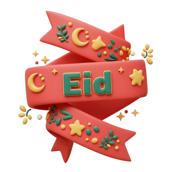 A cheerful Eid greeting Red ribbons playfully intertwine, adorned with stars, moons, and leaves. Warm, celebratory mood. png