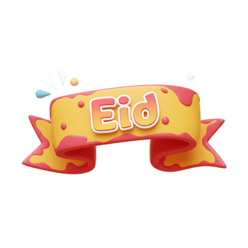 A cheerful, cartoon-style banner announces Eid Bright yellow and red ribbon, playful splashes, and a fun font create a festive mood. png