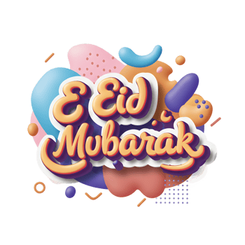 Cheerful Eid Mubarak greeting 3D lettering pops against a backdrop of colorful, abstract shapes. A fun, celebratory design. png