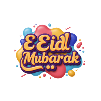 Joyful Eid Mubarak greeting Vibrant 3D lettering pops against a fun, abstract background of colorful shapes. Festive and celebratory png