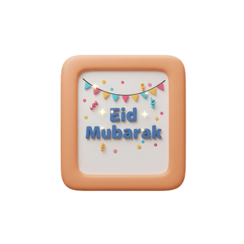 A charming 3D-rendered image A peach frame displays 'Eid Mubarak' amidst colorful confetti and bunting, creating a joyful, celebratory mood. png