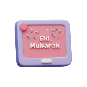 A cheerful 3D-rendered tablet displays a vibrant 'Eid Mubarak' message, adorned with pastel bunting and confetti. Joyful and celebratory png