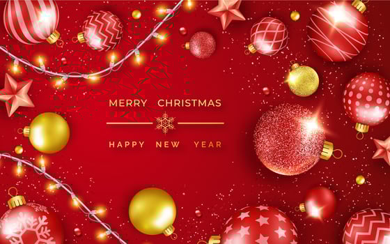 Christmas background with shining stars, confetti, garland and colorful balls. New year and Christmas card illustration on red background vector