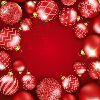 Christmas background with shining colorful balls. Round composition. New year and Christmas card illustration on red background vector