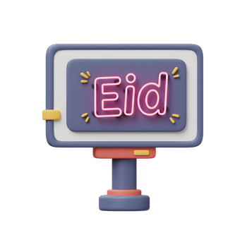A cheerful 3D rendering showcases a vibrant pink neon 'Eid' sign on a cute, pastel-colored display stand. Perfect for festive greetings png