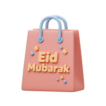 A charming pink shopping bag, adorned with the festive message 'Eid Mubarak' in cheerful yellow lettering, and playful pastel embellishments. It evokes a joyful and celebratory mood. png