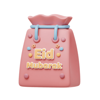 A charming pink gift bag, adorned with cheerful 3D lettering and festive details, warmly wishes you a blessed Eid Mubarak. png