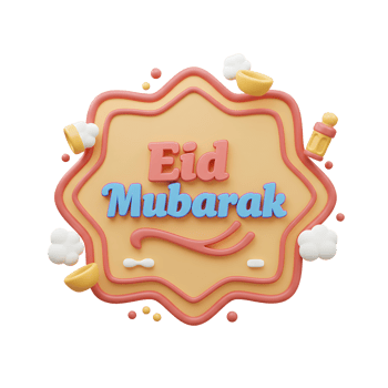 Whimsical 3D lettering announces Eid Mubarak within a pastel-colored, organic frame. Small, charming icons add a festive touch, creating a joyful and lighthearted mood. png