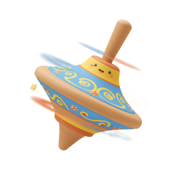 A cheerful wooden top spins, its blue and yellow design a vibrant blur against a white background. Sparkling stars trail its playful journey, creating a joyful, whimsical scene. png