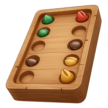 A charming wooden Mancala board game features vibrant colored stones nestled in its carved recesses. The rustic design and playful colors create a warm and inviting atmosphere. png