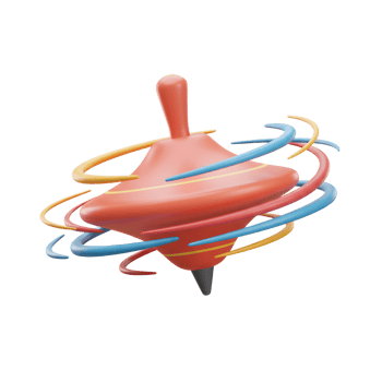 A vibrant red spinning top twirls, leaving colorful trails. Playful energy and dynamic motion captured in a cheerful 3D illustration. png