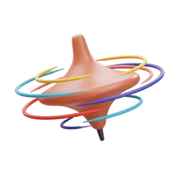 A playful salmon-colored spinning top twirls, leaving vibrant rainbow trails. Its smooth curves and bright colors create a joyful, energetic mood. png
