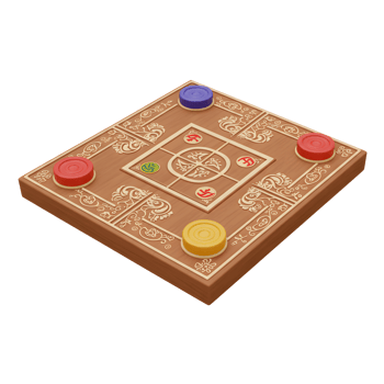 A captivating wooden game board, intricately carved with swirling patterns, showcases colorful discs in mid-play. The warm wood and vibrant colors create a lively, inviting atmosphere. png