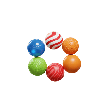 Six brightly colored balls, each with unique textures and patterns, form a playful circle against a stark white background. The cheerful scene evokes a sense of fun and energy. png