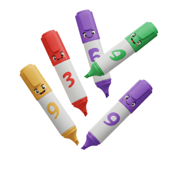 Five cheerful markers, each with a cute face and number, playfully float against a white background. A vibrant, fun, and slightly mischievous mood. png