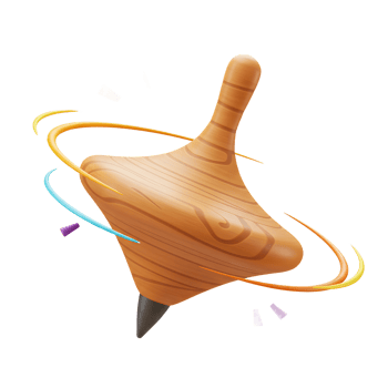 A cheerful wooden spinning top twirls, leaving colorful trails. Its warm wood grain and playful design create a joyful, nostalgic mood. png