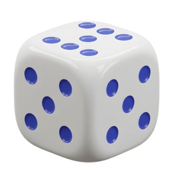 A single, perfectly rendered white die displays a five, its blue dots sharp against the clean background. The image evokes a sense of simplicity and chance. png