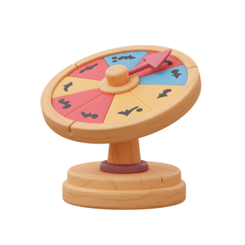 A cheerful, pastel-colored spin wheel sits ready for a game. Its wooden base and playful design create a joyful, inviting atmosphere. png