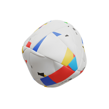 A playful, white ball features bold geometric shapes in red, yellow, and blue. Its modern, artistic design creates a dynamic and eye-catching visual. png