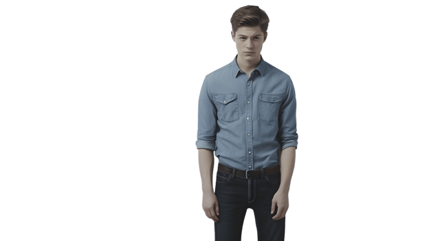 A man dressed in casual attire featuring a denim shirt and jeans standing confidently against png