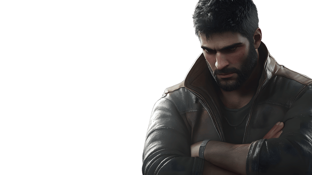 A man in a leather jacket with arms crossed exuding confidence and style png