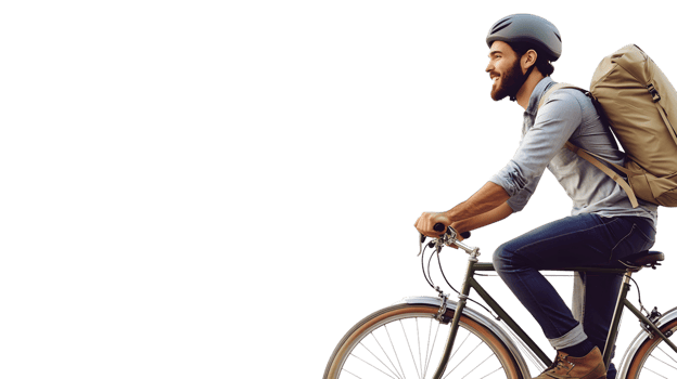 A man riding a bicycle with a backpack wearing a helmet for safety and adventure png