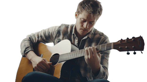 A musician playing an acoustic guitar focused on the strings with a serene expression png