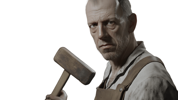 A rugged individual holding a hammer dressed in work attire with a serious expression png