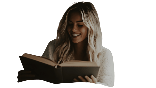 A woman enjoying a book immersed in reading with a smile perfect for education learning and png