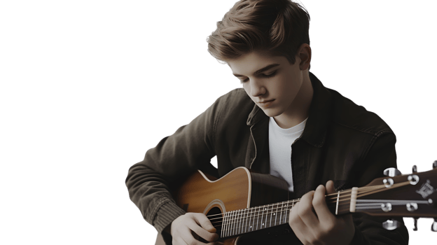 A young musician playing an acoustic guitar focused and immersed in the music png