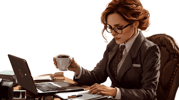 Businesswoman working at desk with laptop and coffee png