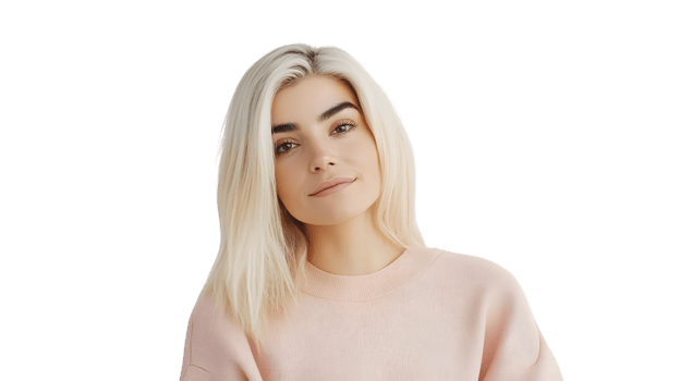 Blonde Woman with Soft Smile Wearing a Pastel Pink Sweater Against a Black Background png