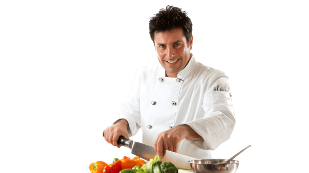 Chef in Action Cutting Fresh Vegetables with a Knife and Wearing a White Uniform png