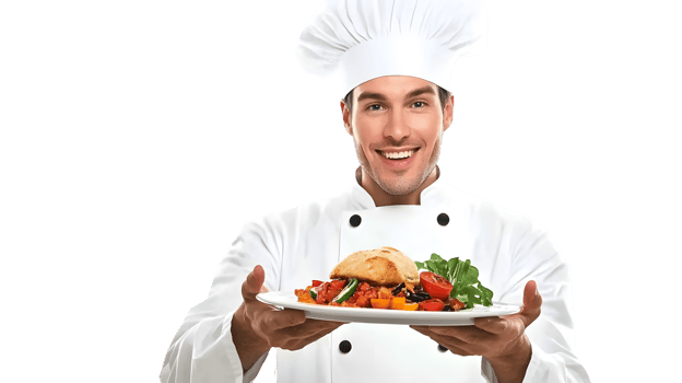 Chef Presenting a Freshly Prepared Salad with Bread Roll and Vegetables Culinary Expertise in png