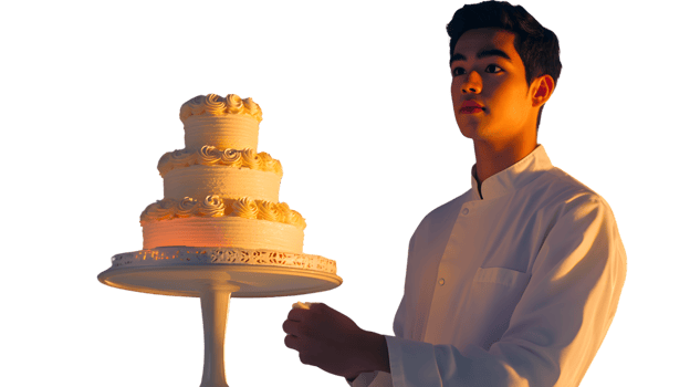 Chef Presenting an Elegant Tiered Cake on a Stand Perfect for Weddings and Celebrations png
