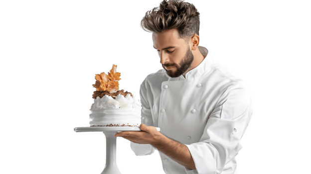 Chef Presenting an Elegant Dessert A Culinary Masterpiece with Whipped Cream and Artistic Garn png