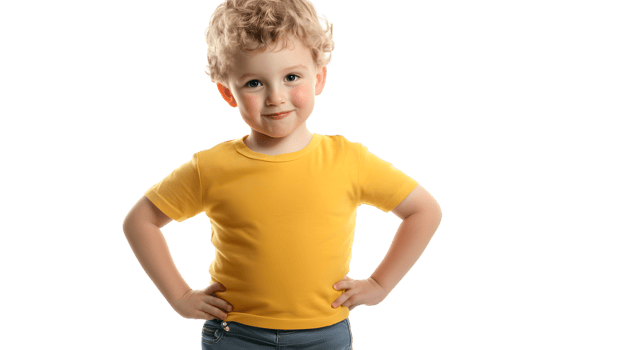 Child in Yellow TShirt Standing Confidently with Hands on Hips Isolated on Transparant Background png