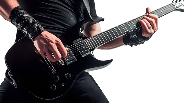 Closeup of hands playing electric guitar black background music concept png