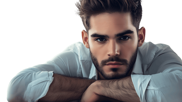 Closeup portrait of a man with a beard wearing a light shirt png