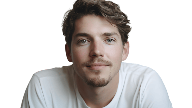 Closeup portrait of a young man with light eyes and wavy hair wearing a white tshirt png