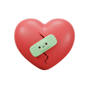 A charming 3D-rendered image shows a cracked red heart, playfully mended with a smiling green band-aid. It evokes feelings of hope and healing. png
