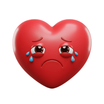 A 3D-rendered red heart, tearfully sad. Its glossy surface and downturned eyes convey deep emotion. A poignant image of heartbreak. png